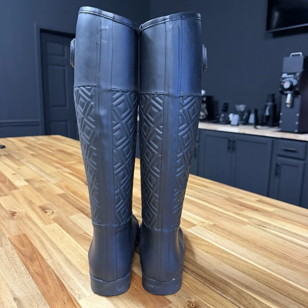 Tory Burch Marion Quilted Rain Riding Boots in Black Size 7